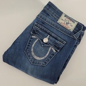 True Religion Women's 28 Slim Straight Jeans Rhinestone Embellished Back Pockets